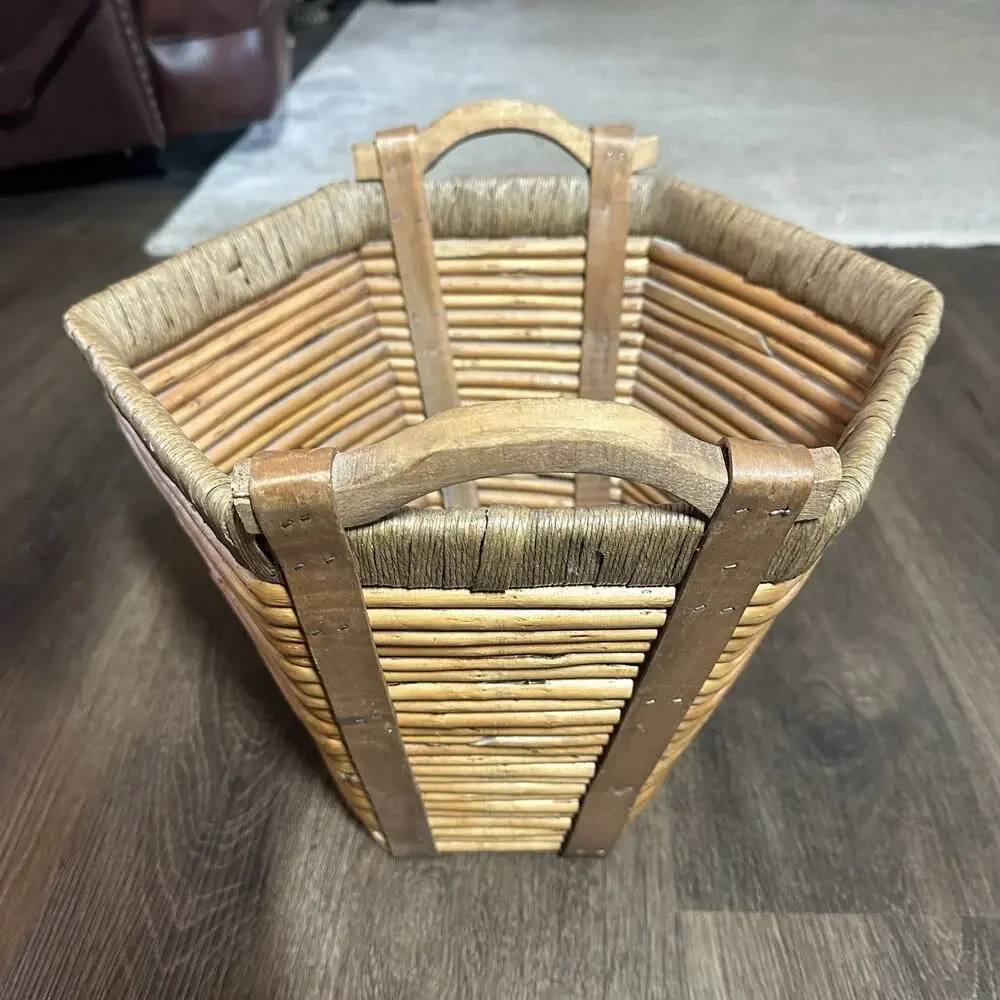 Vtg Bamboo and Jute Folk Art Log Gathering Basket Planters Wood Handles Set 2